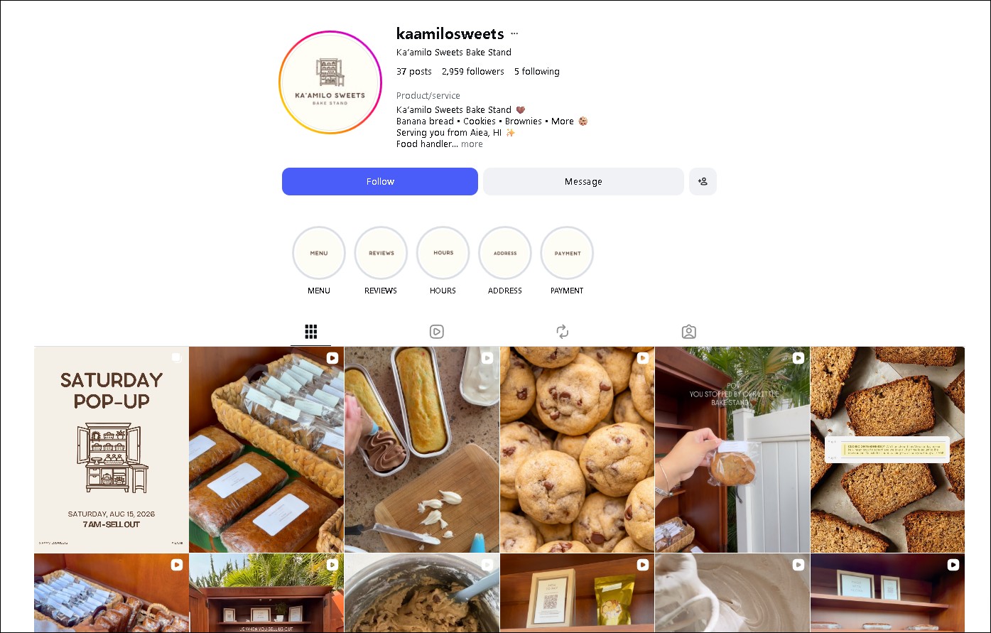 Ka'amilo Sweets Instagram profile - banana bread and cookies in Aiea
